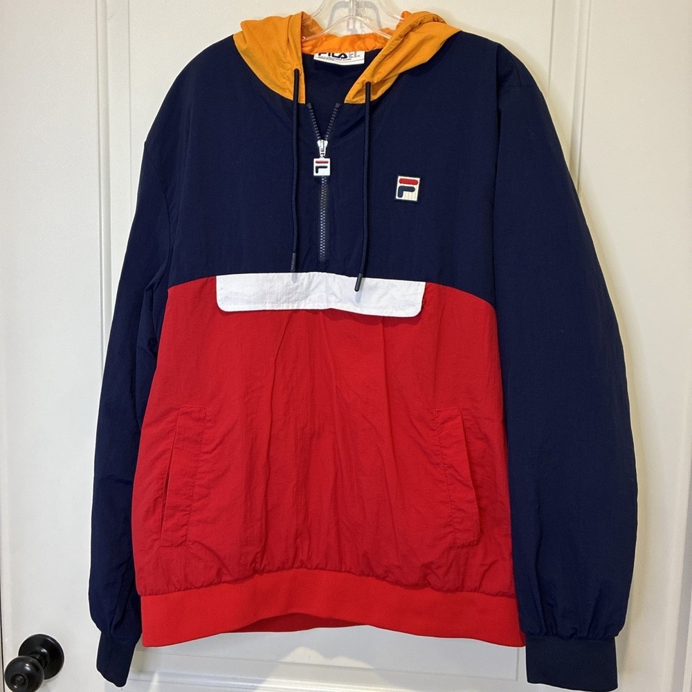 Fila Mens Quarter Zip Windbreaker Anorak Jacket Colorblock Navy Red XL